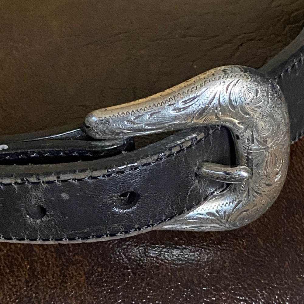 Resistol narrow western Black Leather Belt with Silver filigree Buckle size 38
